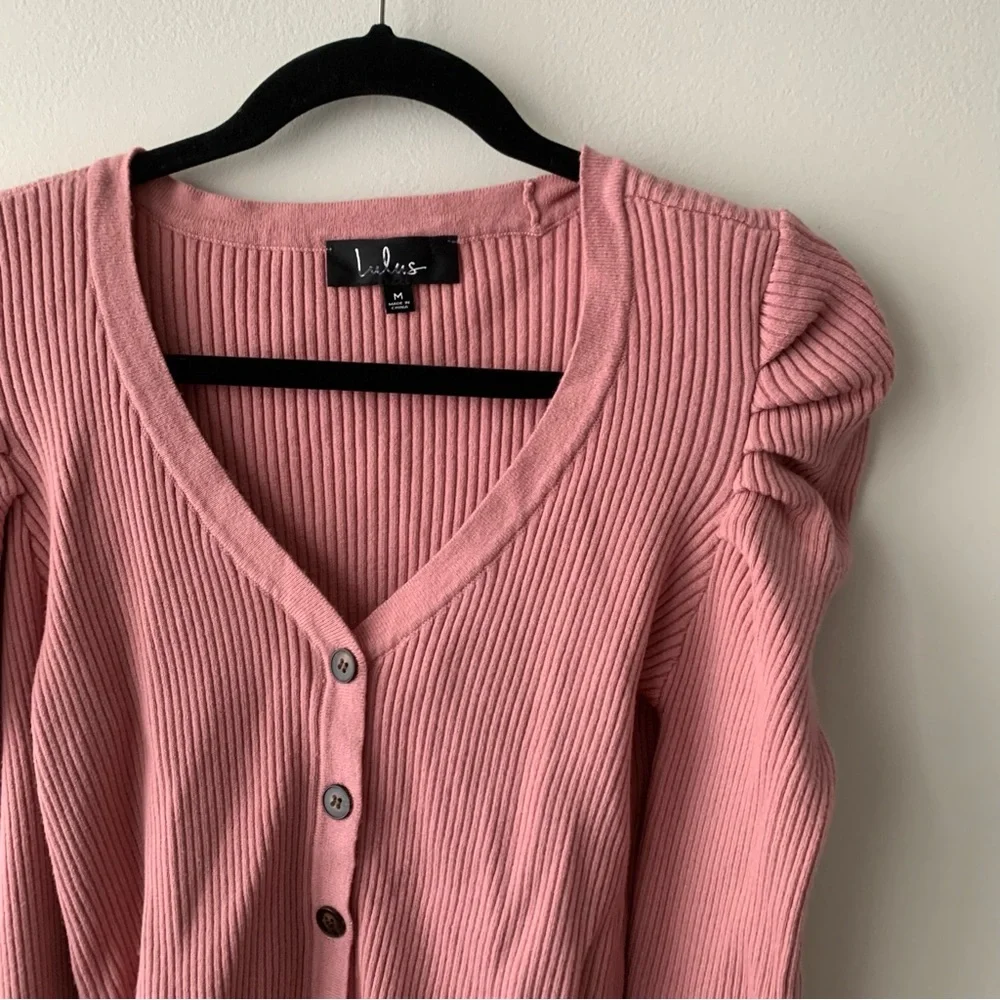 LULUS At First Crush Mauve Pink Puff Shoulder Cropped Cardigan Sweater - Picture 8 of 10